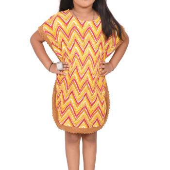 Printed Kaftan Kurti Kids Dress for Girls - Cotton Mustard