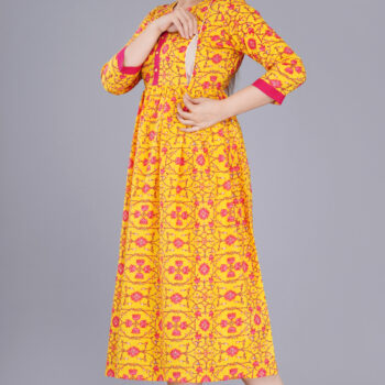 3/4 Sleeve Rayon Full Length Maternity Gowns - Yellow