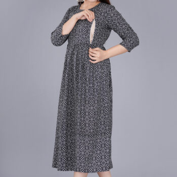 3/4 Sleeve Rayon Full Length Maternity Gowns - Black