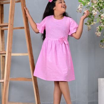 Embroidered Bell Sleeve Kids Dress for Girls - Pink