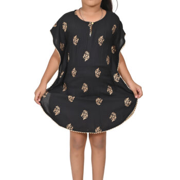 Printed Kaftan Kurti Kids Dress for Girls - Rayon Black