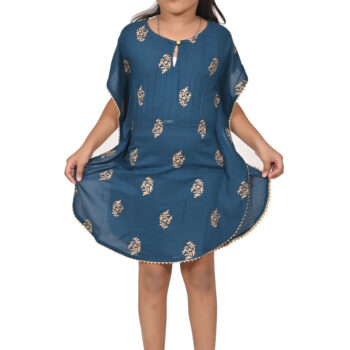 Printed Kaftan Kurti Kids Dress for Girls - Rayon Teal Blue