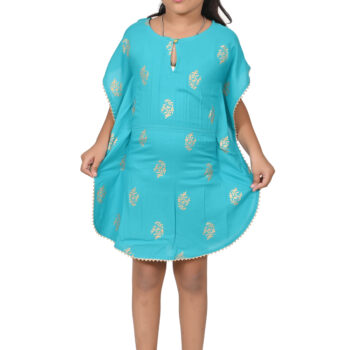Printed Kaftan Kurti Kids Dress for Girls - Rayon Turquoise