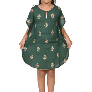 Printed Kaftan Kurti Kids Dress for Girls - Rayon Green