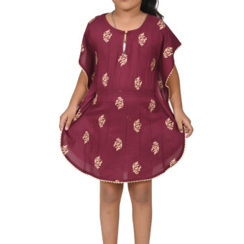 Printed Kaftan Kurti Kids Dress for Girls - Rayon Maroon