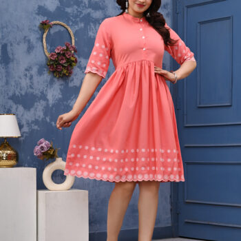 Embroidered Fit & Flare Midi Dress for Women - Peach