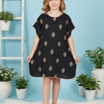 Kids Printed Kaftan Kurti Kids Dress for Girls - Rayon Black