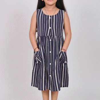 Cotton Long Frocks for Kids Girls | Dark Blue Stripes