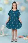 Printed Kaftan Kurti Kids Dress for Girls - Rayon Teal Blue