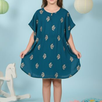 Printed Kaftan Kurti Kids Dress for Girls - Rayon Teal Blue