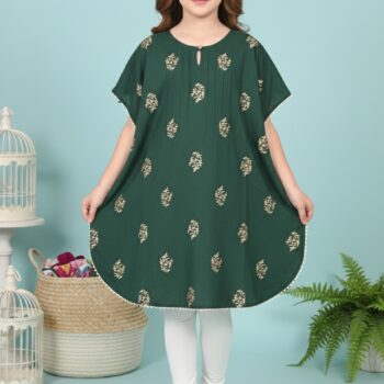 Printed Kaftan Kurti Kids Dress for Girls - Rayon Green