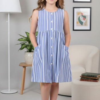 Kids Cotton Long Frocks for Kids Girls | Light Blue Stripes