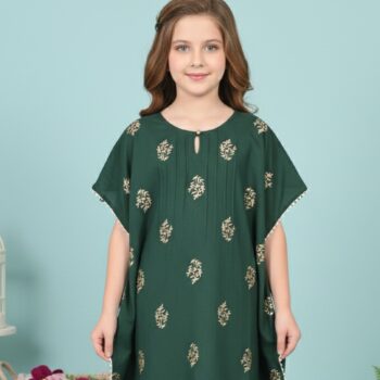 Printed Kaftan Kurti Kids Dress for Girls - Rayon Green