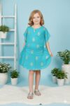 Printed Kaftan Kurti Kids Dress for Girls - Rayon Turquoise