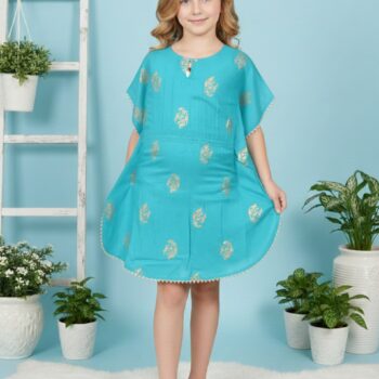 Printed Kaftan Kurti Kids Dress for Girls - Rayon Turquoise