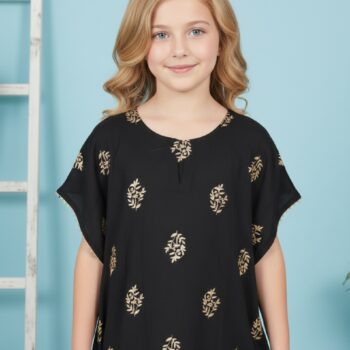 Printed Kaftan Kurti Kids Dress for Girls - Rayon Black