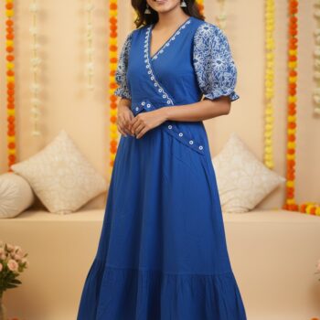 Women's Royal Blue Cotton Anarkali Dress with White Embroidered Puff Sleeves |
