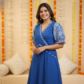 Cloth Bites Women's Royal Blue Cotton Anarkali Dress with White Embroidered Puff Sleeves | V-Neck Flared Indian Ethnic Maxi Gown for Festive Occasions, Casual Wear