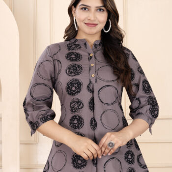 Women Printed Cotton Mandarin Collar Shirt Style Top | Brown