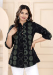 Women Printed Cotton Mandarin Collar Shirt Style Top | Black