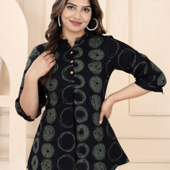 Women Printed Cotton Mandarin Collar Shirt Style Top | Black