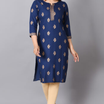 Rayon Straight Kurta for Woman Foil Print Round Neck Kurti Knee Lenght Kurti with 3/4 Sleeves | Blue