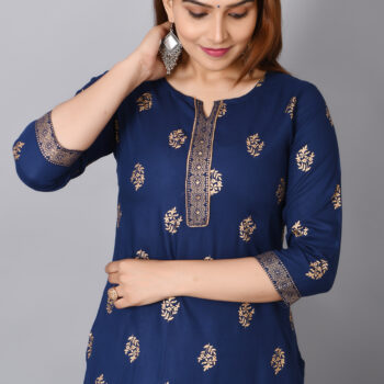 Cloth Bites Rayon Straight Kurta for Woman Foil Print Round Neck Kurti Knee Lenght Kurti with 3/4 Sleeves | Blue