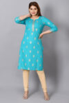 Rayon Straight Kurta for Woman Foil Print Round Neck Kurti Knee Lenght Kurti with 3/4 Sleeves | Turquise