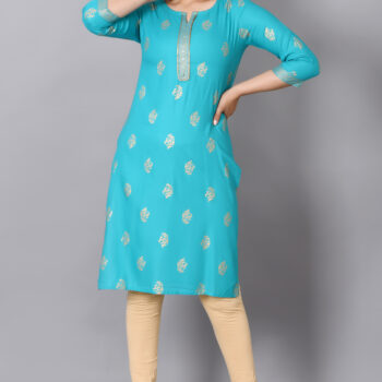 Rayon Straight Kurta for Woman Foil Print Round Neck Kurti Knee Lenght Kurti with 3/4 Sleeves | Turquise