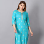 Cloth Bites Rayon Straight Kurta for Woman Foil Print Round Neck Kurti Knee Lenght Kurti with 3/4 Sleeves | Turquise