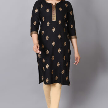 Rayon Straight Kurta for Woman Foil Print Round Neck Kurti Knee Lenght Kurti with 3/4 Sleeves | Black
