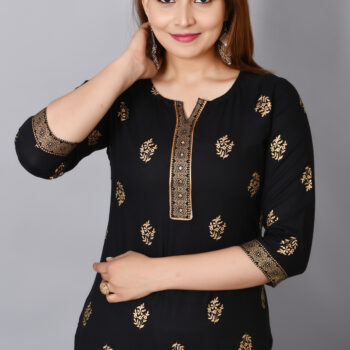 Cloth Bites Rayon Straight Kurta for Woman Foil Print Round Neck Kurti Knee Lenght Kurti with 3/4 Sleeves | Black