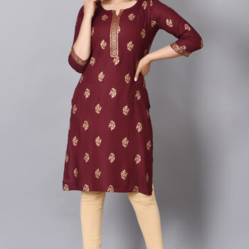 Rayon Straight Kurta for Woman Foil Print Round Neck Kurti Knee Lenght Kurti with 3/4 Sleeves | Maroon