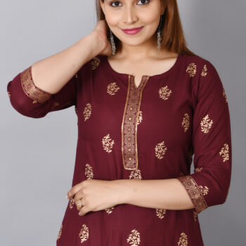 Cloth Bites Rayon Straight Kurta for Woman Foil Print Round Neck Kurti Knee Lenght Kurti with 3/4 Sleeves | Maroon