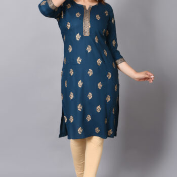 Rayon Straight Kurta for Woman Foil Print Round Neck Kurti Knee Lenght Kurti with 3/4 Sleeves | Teal Blue
