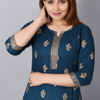 Cloth Bites Rayon Straight Kurta for Woman Foil Print Round Neck Kurti Knee Lenght Kurti with 3/4 Sleeves | Teal Blue