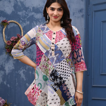 Women Floral Print Patch Work Cotton A-Line Top | Multicolor