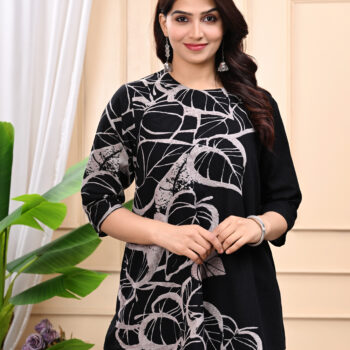 Women Printed Cotton Round Nack Shirt Style Top | Black