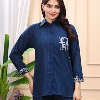 Cloth Bites Cotton Formal Embroidery Shirts for Women | Blue
