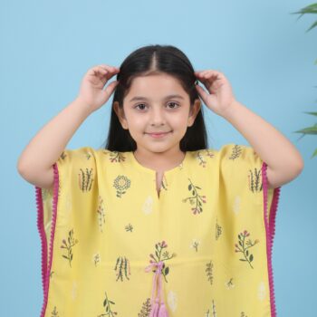 Printed Kaftan Kurti Kids Dress for Girls - Cotton Yellow