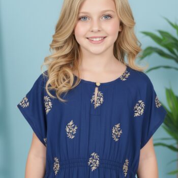 Printed Kaftan Kurti Kids Dress for Girls - Rayon Blue