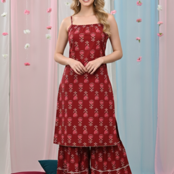 Women Pure Cotton Woman Kurta Sharara Set | Maroon