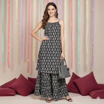 Women Pure Cotton Woman Kurta Sharara Set | Black