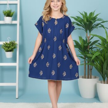 Kids Printed Kaftan Kurti Kids Dress for Girls - Rayon Blue