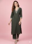 Women Ethnic Motifs Embroidered Regular Thread Work Kurta with Trousers | GREEN