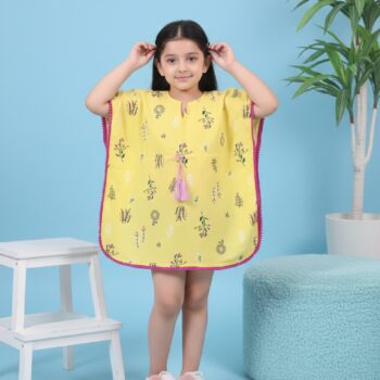Kids Printed Kaftan Kurti Kids Dress for Girls - Cotton Yellow