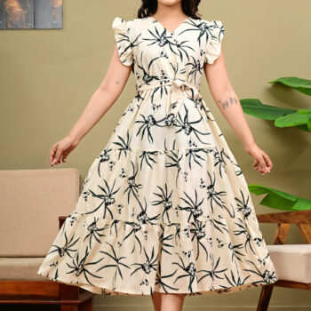 Women Party | Knee Length One Piece Floral Print Wrap V Neck with Ruffle Sleeve | Fit & Flare Midi Girls & Ladies