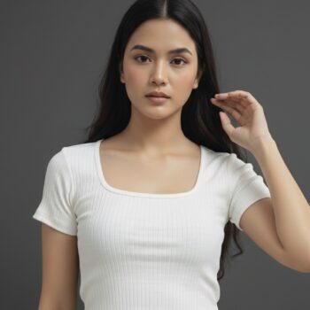 Women's Cotton Ribbed Scoop Neck Crop Top | Slim Fit Half Sleeve Solid White Tee