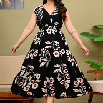 Women Full Length One Piece Floral Print Wrap V Neck | A-Line Fit & Flare Dress for Girls & Ladies