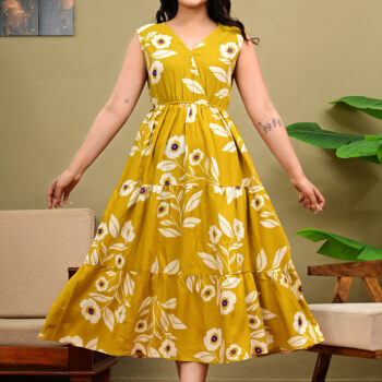 Western Dress for Women Full Length One Piece Floral Print Wrap V Neck | A-Line Fit & Flare Long Dress for Girls & Ladies